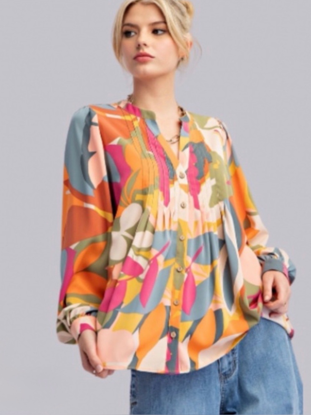 EASEL Sophia Button Down Pleated Top- Small